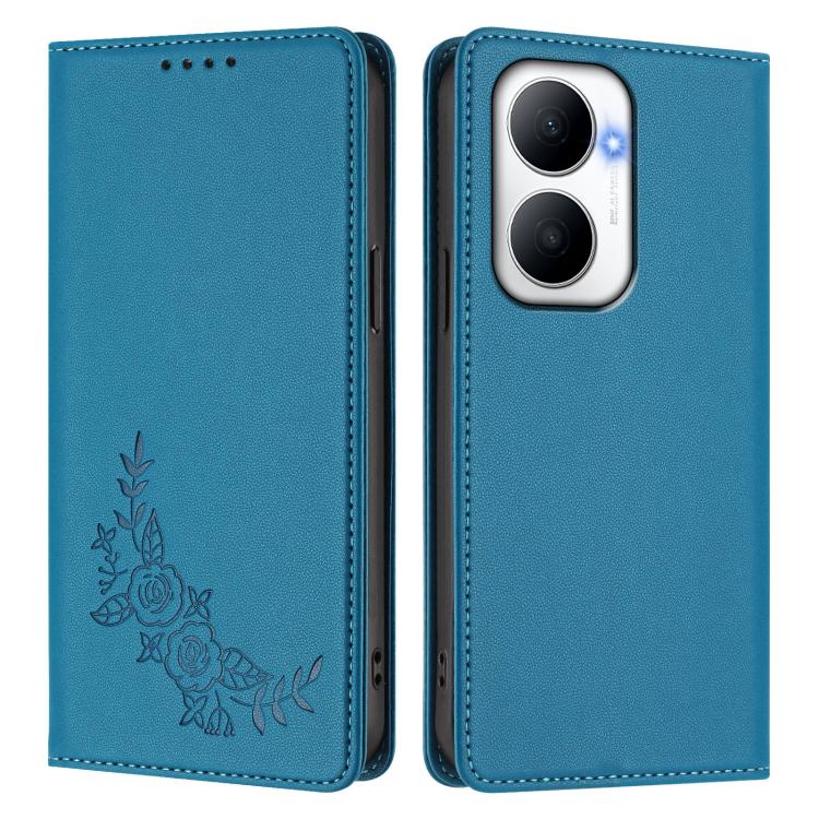 For Huawei Enjoy 80 Plus Peony Embossed Magnetic RFID Vegan Leather Phone Case