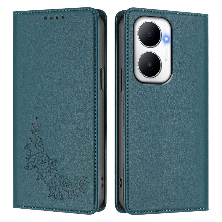 For Huawei Enjoy 80 Plus Peony Embossed Magnetic RFID Vegan Leather Phone Case