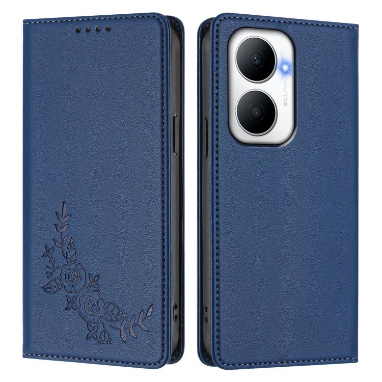 For Huawei Enjoy 80 Plus Peony Embossed Magnetic RFID Vegan Leather Phone Case