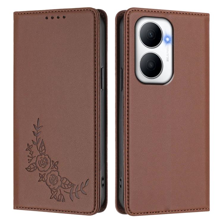 For Huawei Enjoy 80 Plus Peony Embossed Magnetic RFID Vegan Leather Phone Case