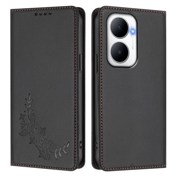 For Huawei Enjoy 80 Plus Peony Embossed Magnetic RFID Vegan Leather Phone Case