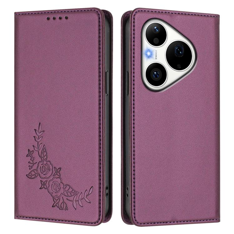 For Huawei Pura 90 Pro 5G Peony Embossed Magnetic RFID Vegan Leather Phone Case