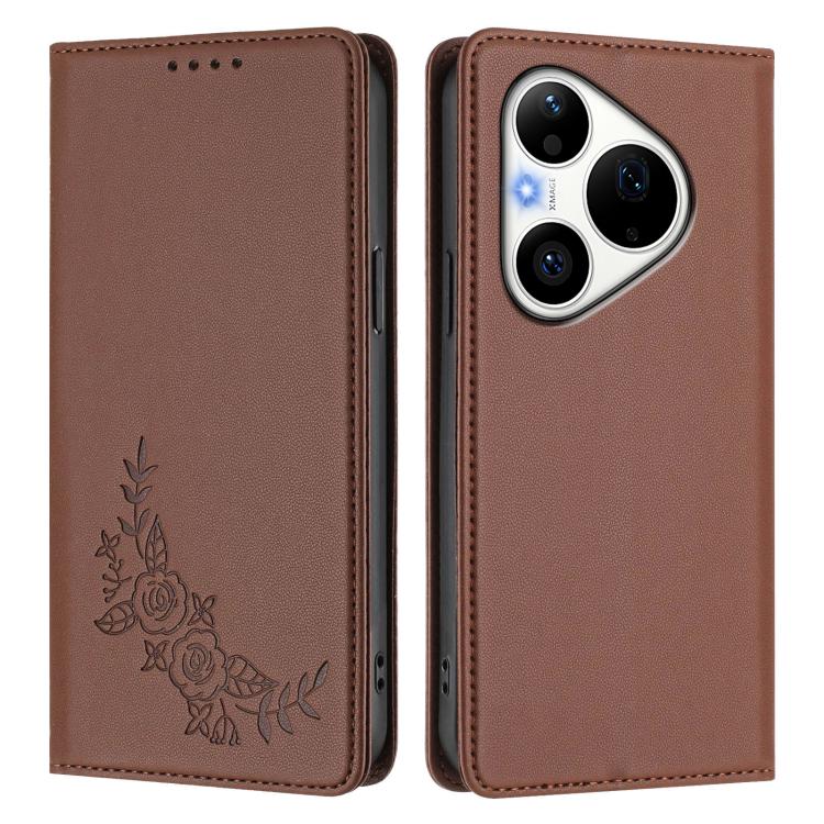 For Huawei Pura 90 Pro 5G Peony Embossed Magnetic RFID Vegan Leather Phone Case