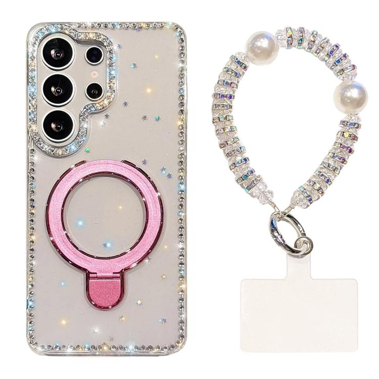 For Samsung Galaxy S25 Ultra 5G Double-Sided IMD Rhinestone Magnetic Holder Shockproof Phone Case With Bracelet
