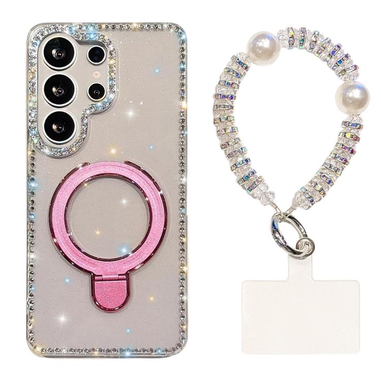 For Samsung Galaxy S23 Ultra 5G Double-Sided IMD Rhinestone Magnetic Holder Shockproof Phone Case With Bracelet