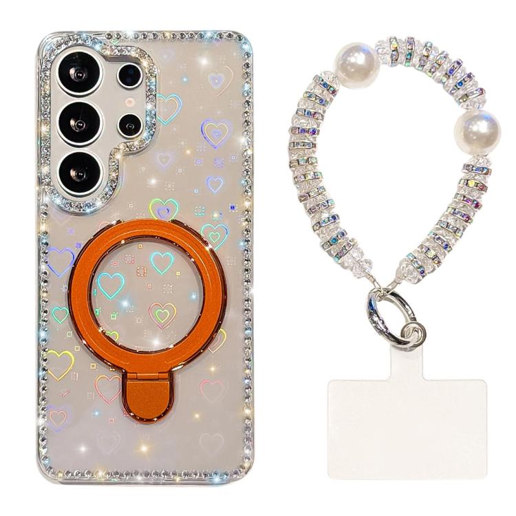 For Samsung Galaxy S23 Ultra 5G Double-Sided IMD Rhinestone Magnetic Holder Shockproof Phone Case With Bracelet