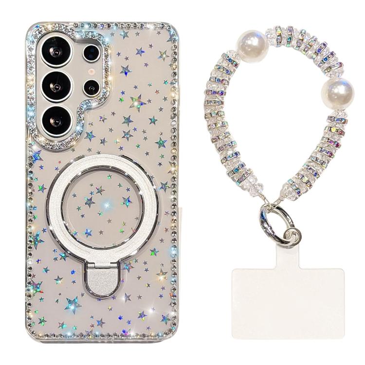For Samsung Galaxy S23 Ultra 5G Double-Sided IMD Rhinestone Magnetic Holder Shockproof Phone Case With Bracelet