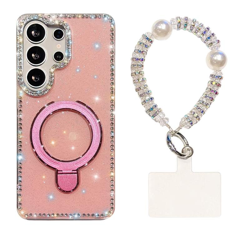 For Samsung Galaxy S23 Ultra 5G Double-Sided IMD Rhinestone Magnetic Holder Shockproof Phone Case With Bracelet
