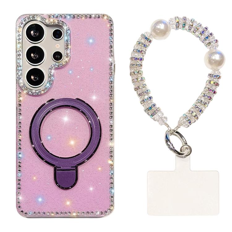 For Samsung Galaxy S23 Ultra 5G Double-Sided IMD Rhinestone Magnetic Holder Shockproof Phone Case With Bracelet