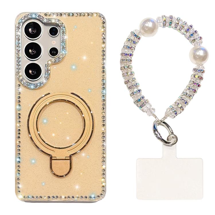 For Samsung Galaxy S23 Ultra 5G Double-Sided IMD Rhinestone Magnetic Holder Shockproof Phone Case With Bracelet