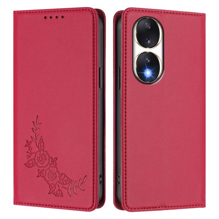For Honor 90 Peony Embossed Magnetic RFID Vegan Leather Phone Case