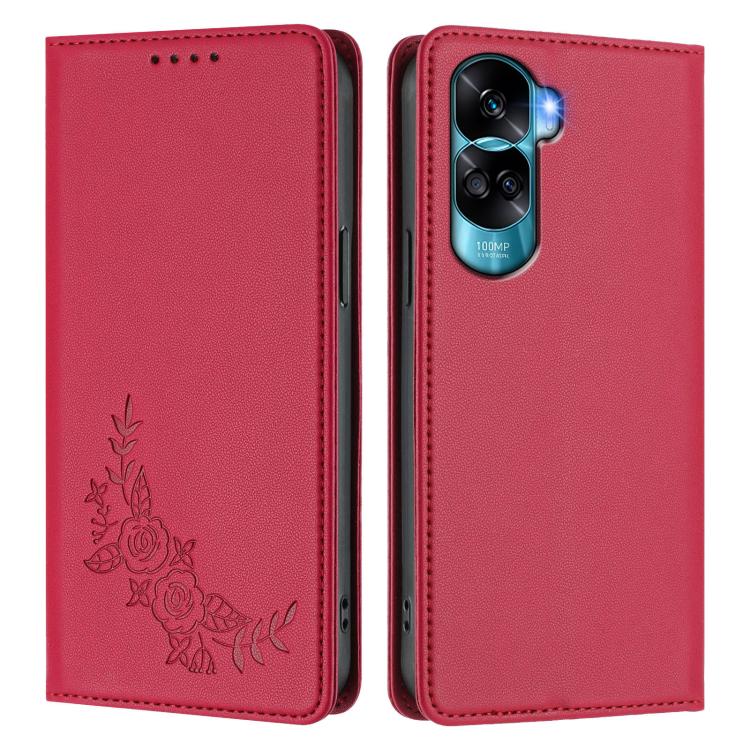 For Honor 90 Lite / Honor X50i Peony Embossed Magnetic RFID Vegan Leather Phone Case