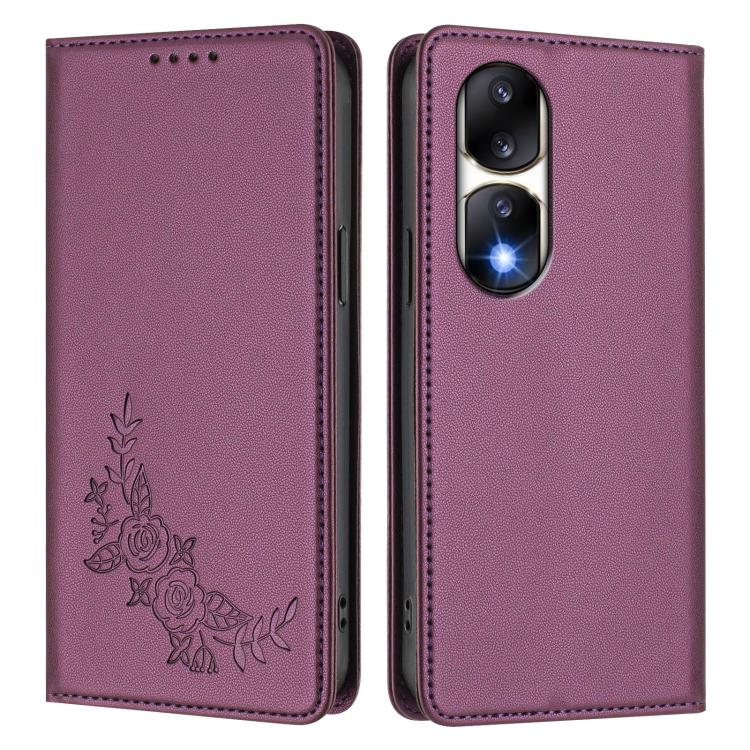 For Honor 90 Pro Peony Embossed Magnetic RFID Vegan Leather Phone Case