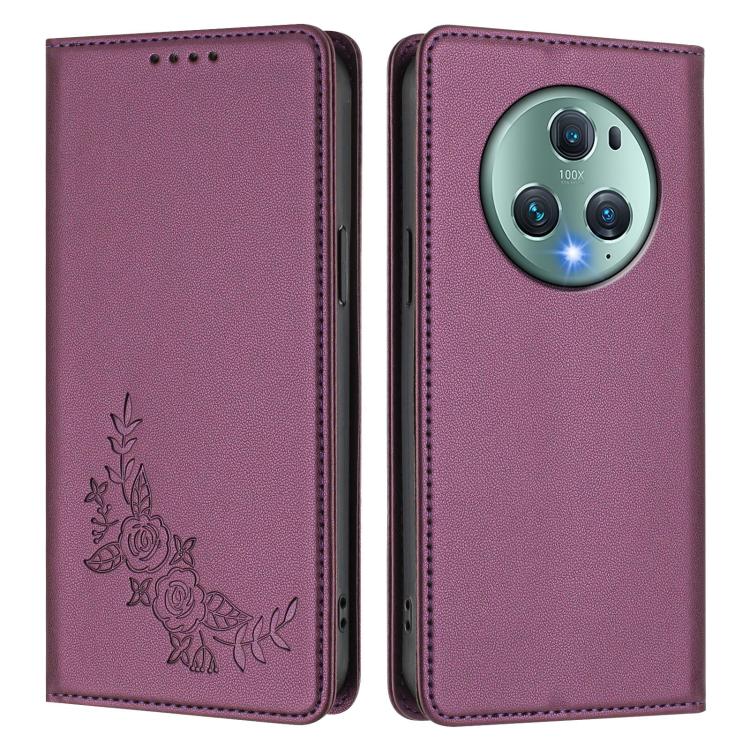 For Honor Magic5 Pro Peony Embossed Magnetic RFID Vegan Leather Phone Case