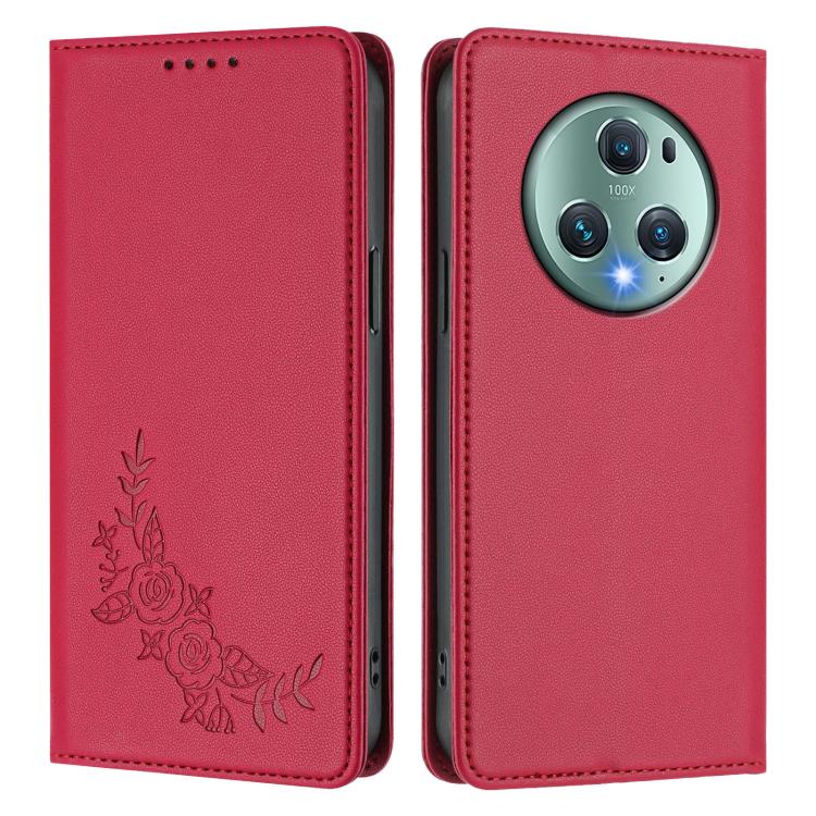 For Honor Magic5 Pro Peony Embossed Magnetic RFID Vegan Leather Phone Case