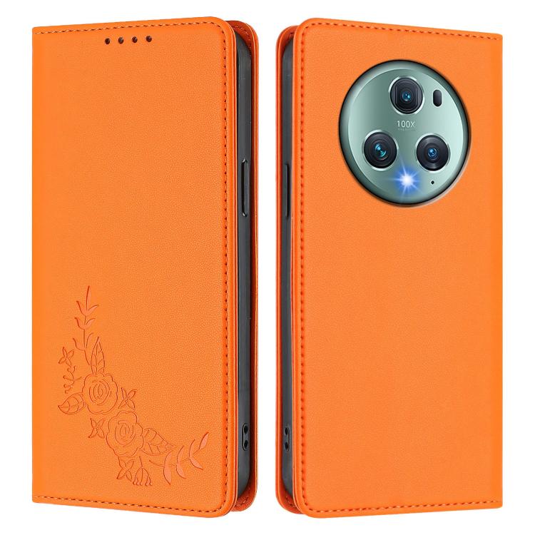 For Honor Magic5 Pro Peony Embossed Magnetic RFID Vegan Leather Phone Case
