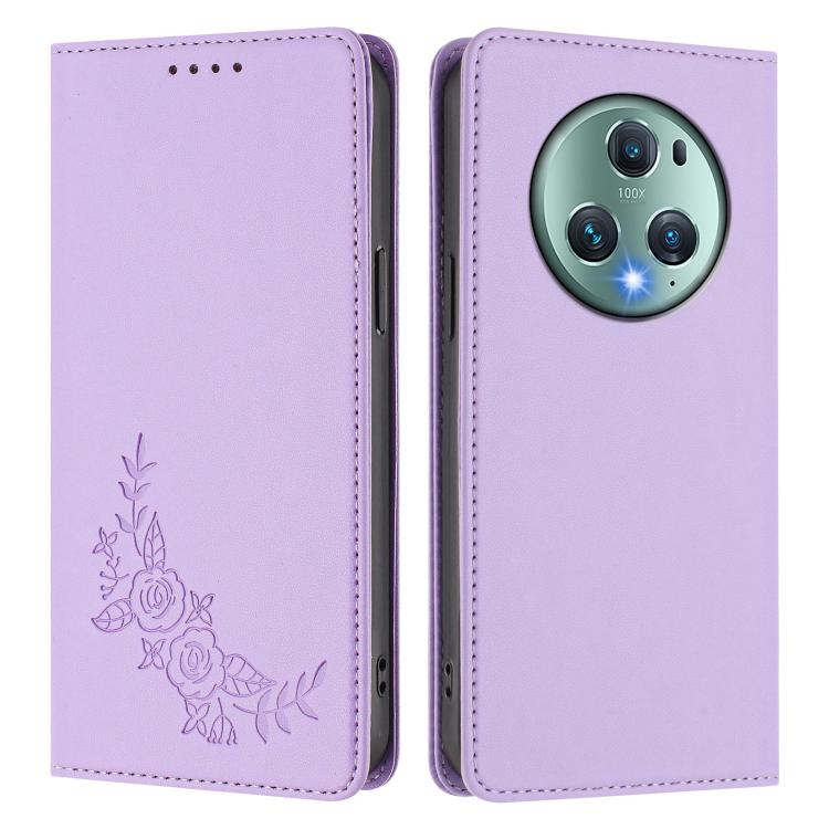 For Honor Magic5 Pro Peony Embossed Magnetic RFID Vegan Leather Phone Case