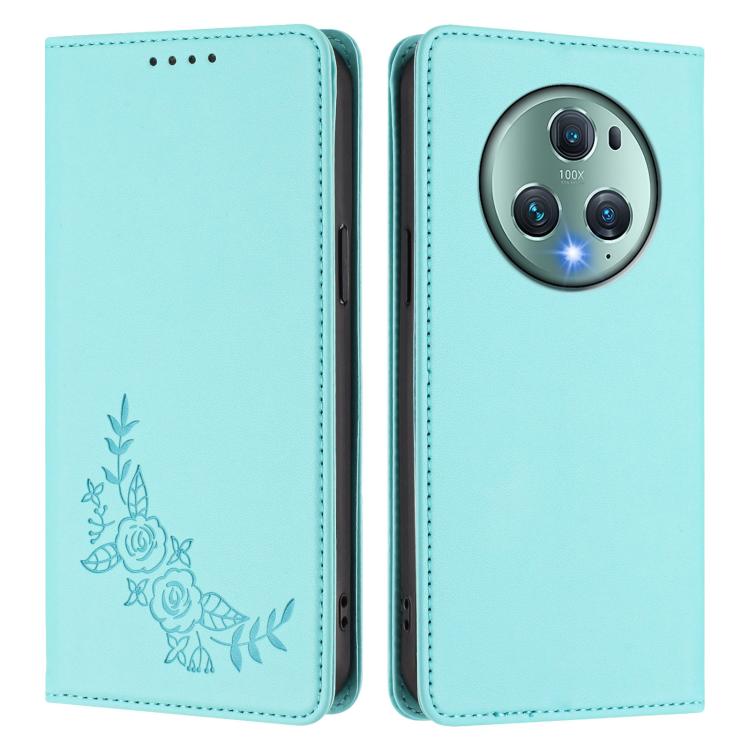 For Honor Magic5 Pro Peony Embossed Magnetic RFID Vegan Leather Phone Case