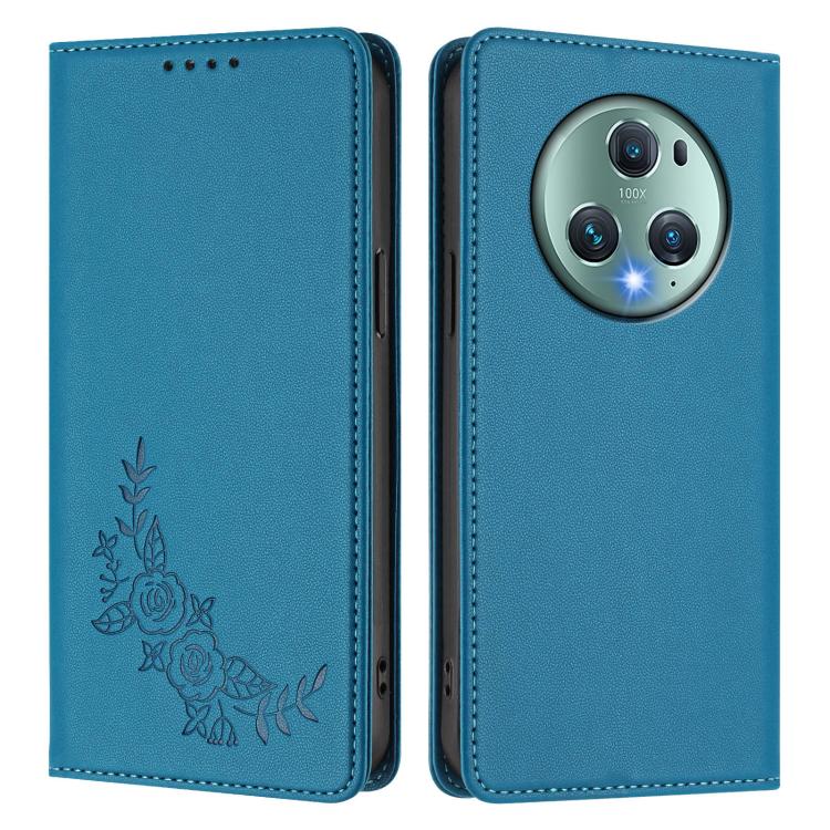 For Honor Magic5 Pro Peony Embossed Magnetic RFID Vegan Leather Phone Case