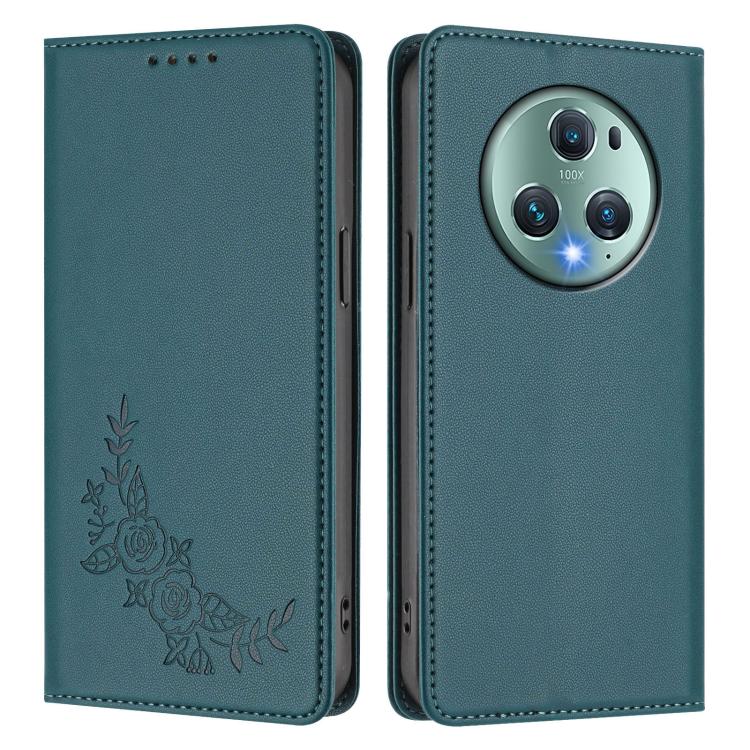 For Honor Magic5 Pro Peony Embossed Magnetic RFID Vegan Leather Phone Case