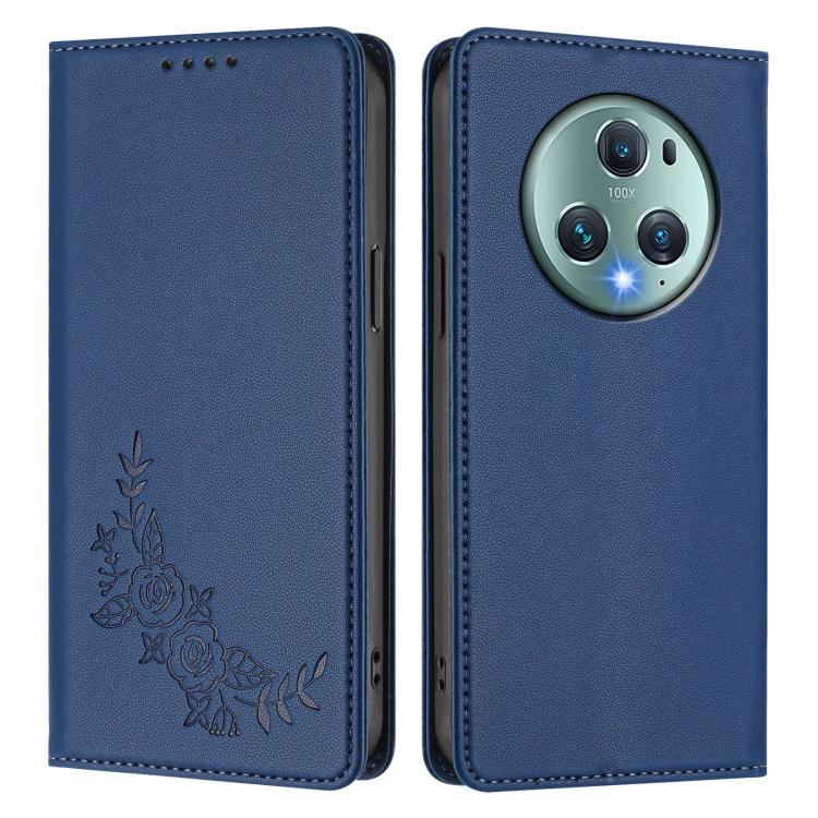 For Honor Magic5 Pro Peony Embossed Magnetic RFID Vegan Leather Phone Case
