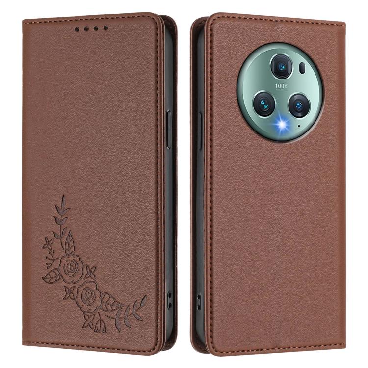 For Honor Magic5 Pro Peony Embossed Magnetic RFID Vegan Leather Phone Case