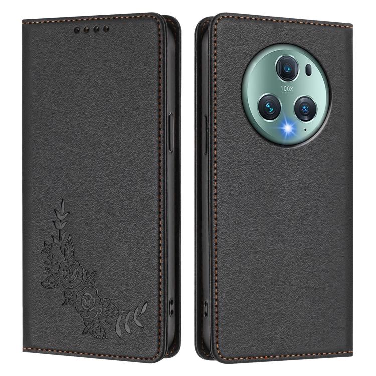 For Honor Magic5 Pro Peony Embossed Magnetic RFID Vegan Leather Phone Case