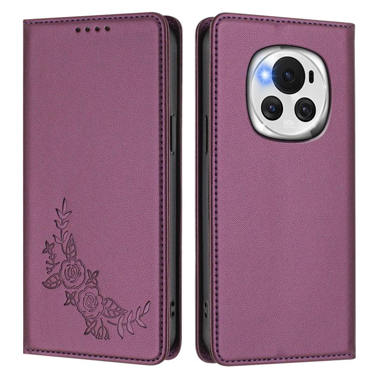 For Honor Magic6 Peony Embossed Magnetic RFID Vegan Leather Phone Case