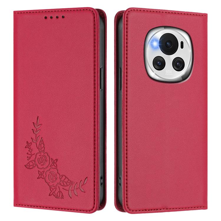 For Honor Magic6 Peony Embossed Magnetic RFID Vegan Leather Phone Case