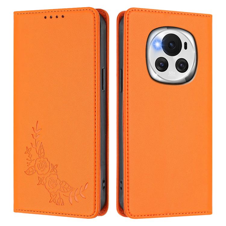 For Honor Magic6 Peony Embossed Magnetic RFID Vegan Leather Phone Case