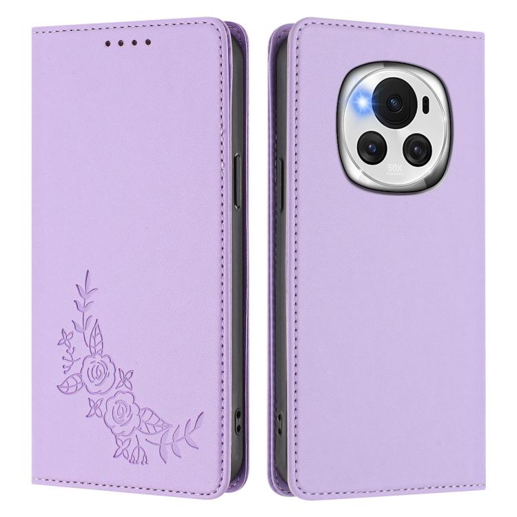 For Honor Magic6 Peony Embossed Magnetic RFID Vegan Leather Phone Case