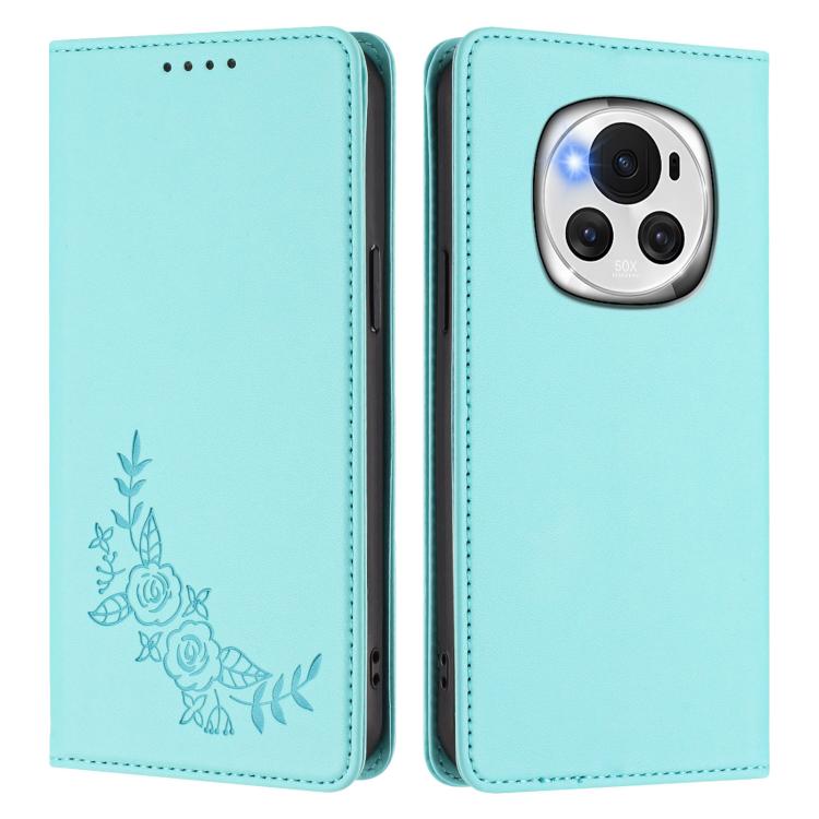 For Honor Magic6 Peony Embossed Magnetic RFID Vegan Leather Phone Case