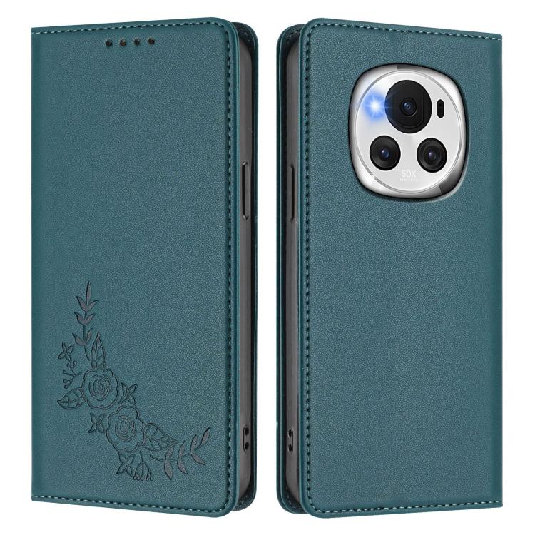 For Honor Magic6 Peony Embossed Magnetic RFID Vegan Leather Phone Case