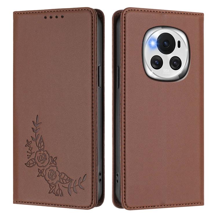 For Honor Magic6 Peony Embossed Magnetic RFID Vegan Leather Phone Case