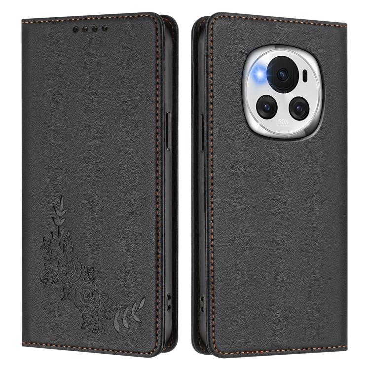 For Honor Magic6 Peony Embossed Magnetic RFID Vegan Leather Phone Case