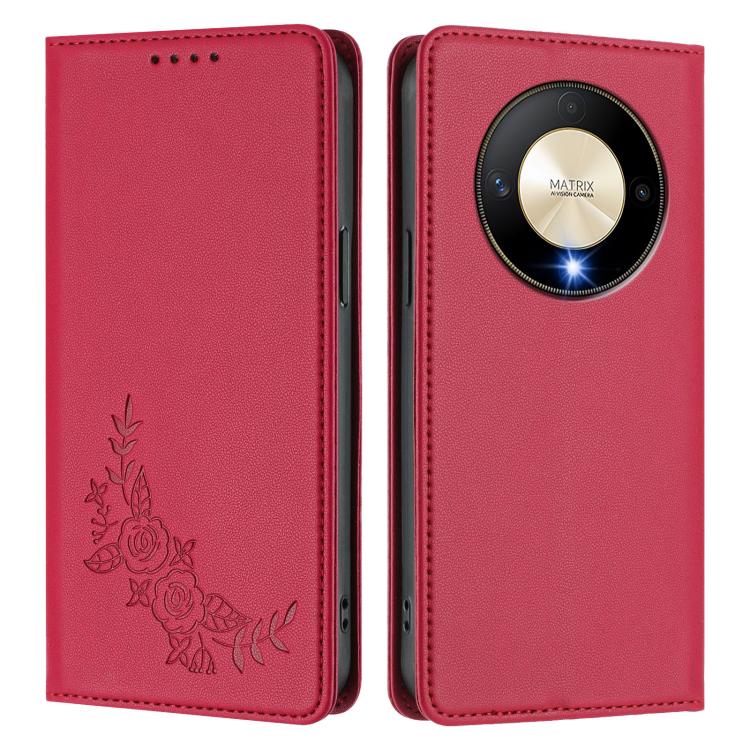 For Honor Magic6 Lite 5G / Honor X9b Peony Embossed Magnetic RFID Vegan Leather Phone Case