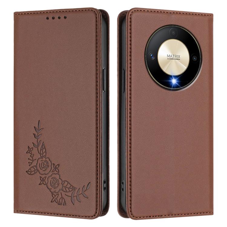 For Honor Magic6 Lite 5G / Honor X9b Peony Embossed Magnetic RFID Vegan Leather Phone Case