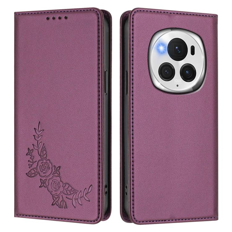 For Honor Magic6 Pro Peony Embossed Magnetic RFID Vegan Leather Phone Case
