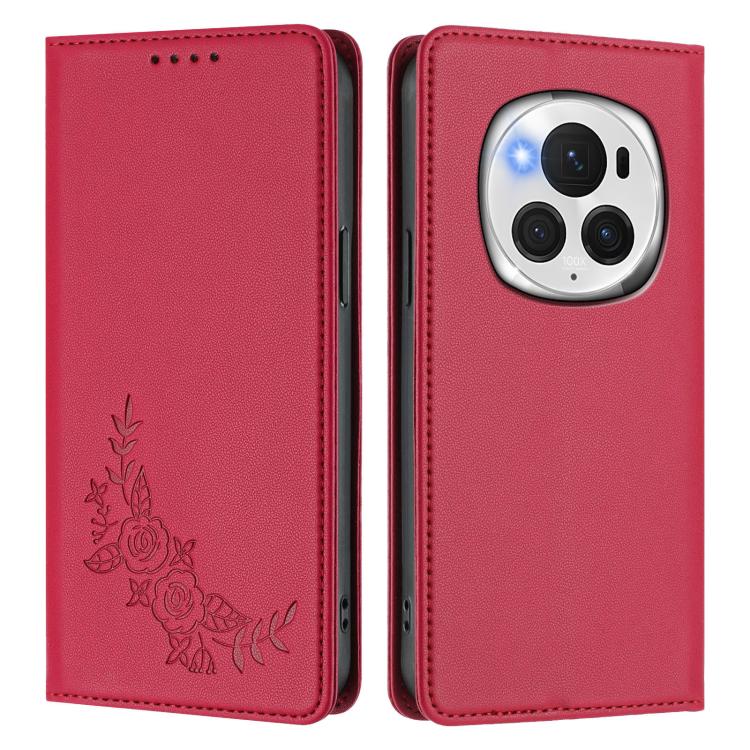 For Honor Magic6 Pro Peony Embossed Magnetic RFID Vegan Leather Phone Case