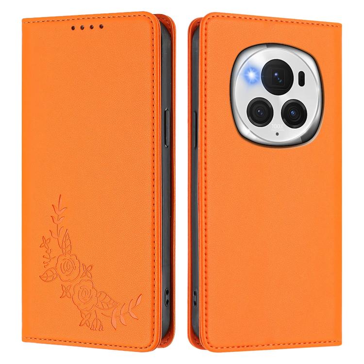For Honor Magic6 Pro Peony Embossed Magnetic RFID Vegan Leather Phone Case