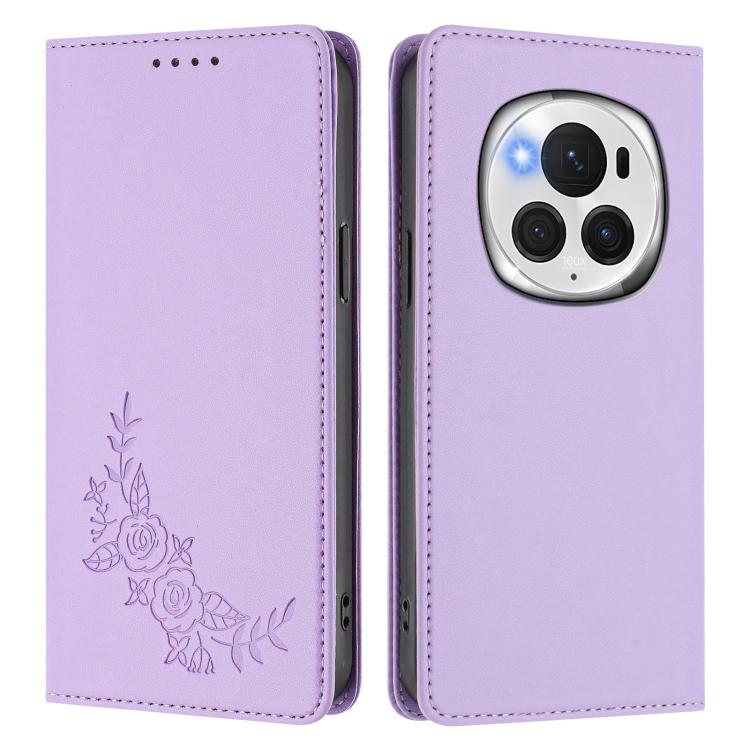 For Honor Magic6 Pro Peony Embossed Magnetic RFID Vegan Leather Phone Case