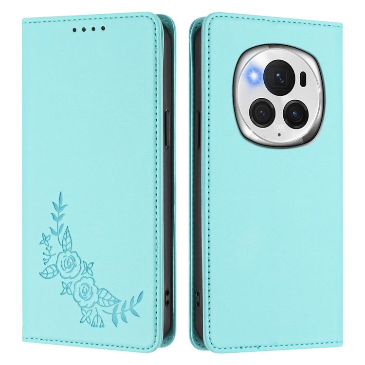For Honor Magic6 Pro Peony Embossed Magnetic RFID Vegan Leather Phone Case