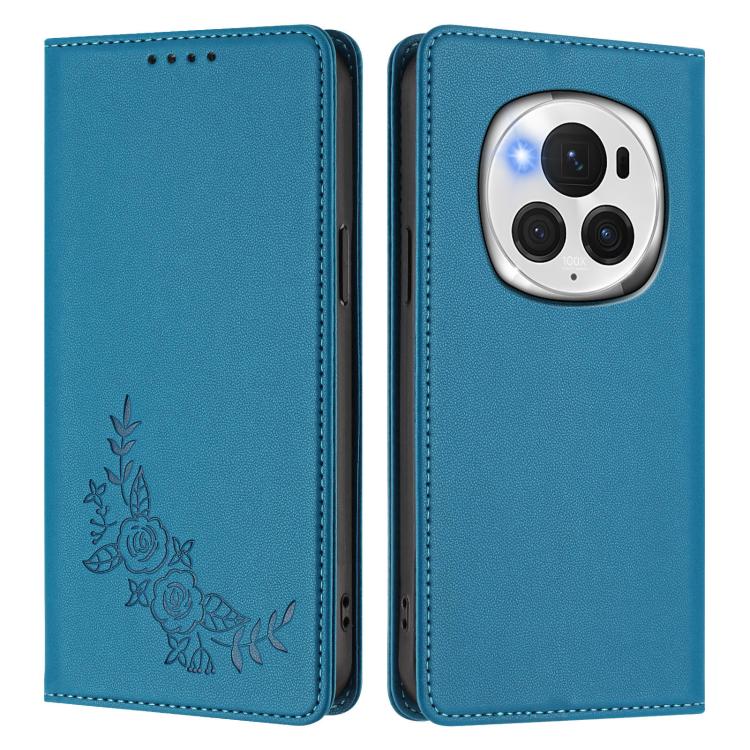 For Honor Magic6 Pro Peony Embossed Magnetic RFID Vegan Leather Phone Case