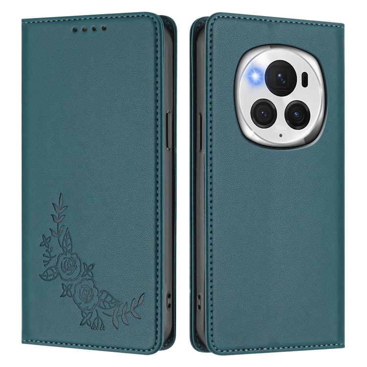For Honor Magic6 Pro Peony Embossed Magnetic RFID Vegan Leather Phone Case