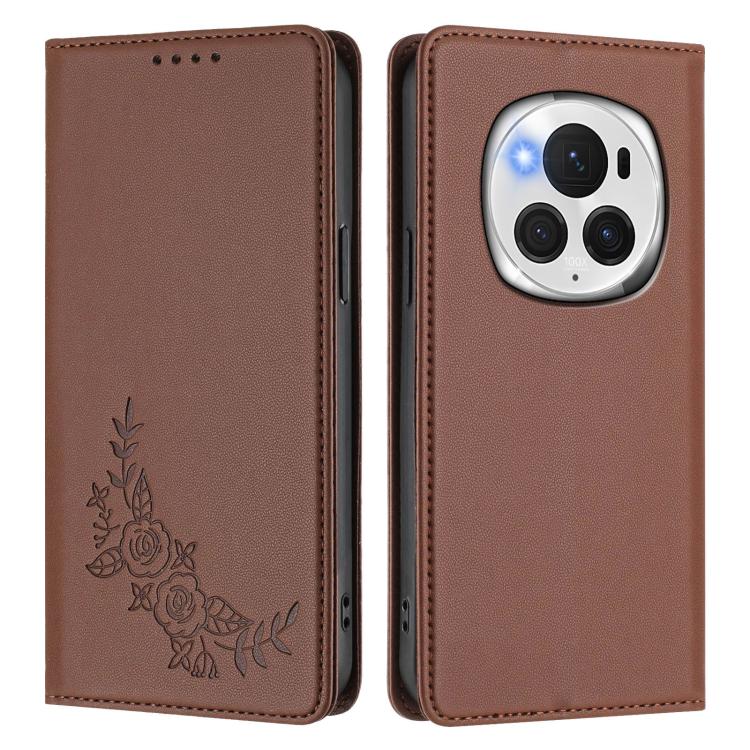 For Honor Magic6 Pro Peony Embossed Magnetic RFID Vegan Leather Phone Case