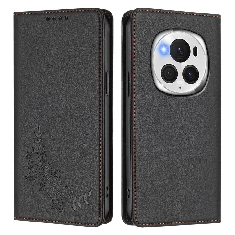 For Honor Magic6 Pro Peony Embossed Magnetic RFID Vegan Leather Phone Case