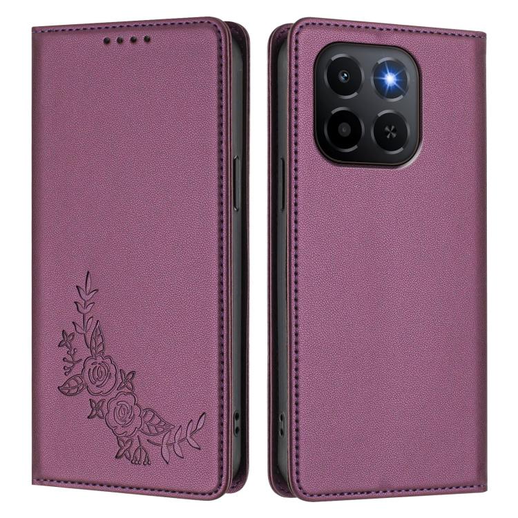 For Honor X6c 4G / X5b / X5b Plus Peony Embossed Magnetic RFID Vegan Leather Phone Case