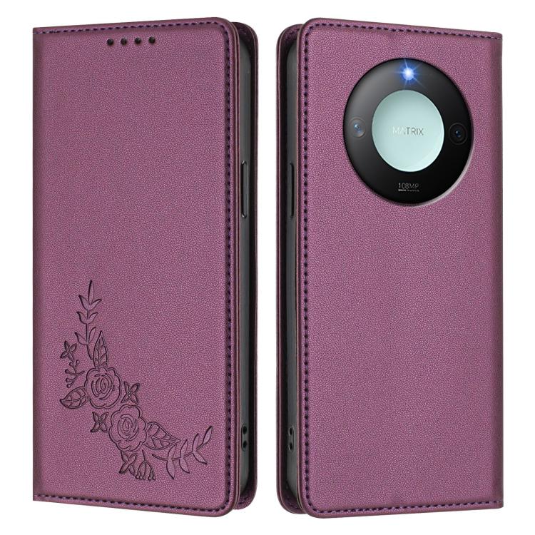 For Honor X9c Smart Peony Embossed Magnetic RFID Vegan Leather Phone Case