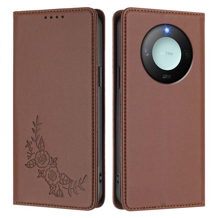 For Honor X9c Smart Peony Embossed Magnetic RFID Vegan Leather Phone Case