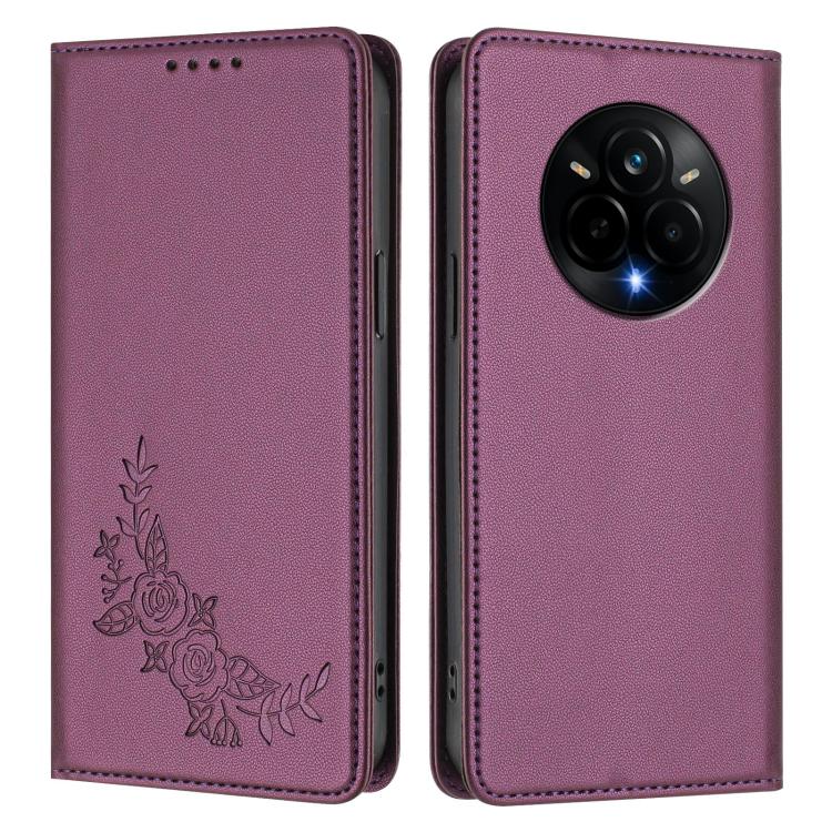 For Realme 14 Pro 5G India / Narzo 80 Pro Peony Embossed Magnetic RFID Vegan Leather Phone Case